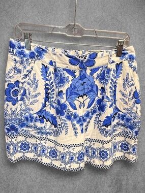 NWT A Loves A Blue White Floral Linen Blend Skort Skirt Shorts Scallop Hem Sz 10